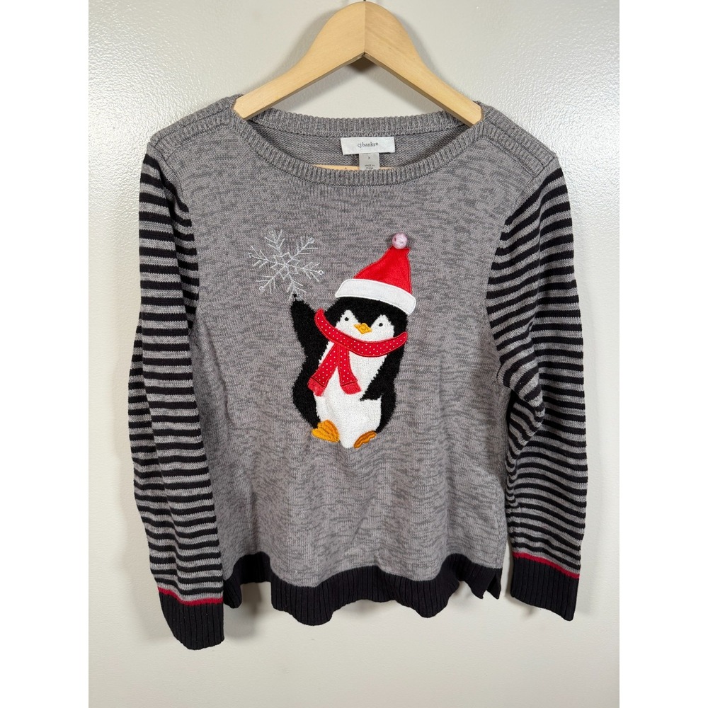 CJ Banks Christmas Ugly Sweater Large Grey Penguin Snowflake Grandma Teacher